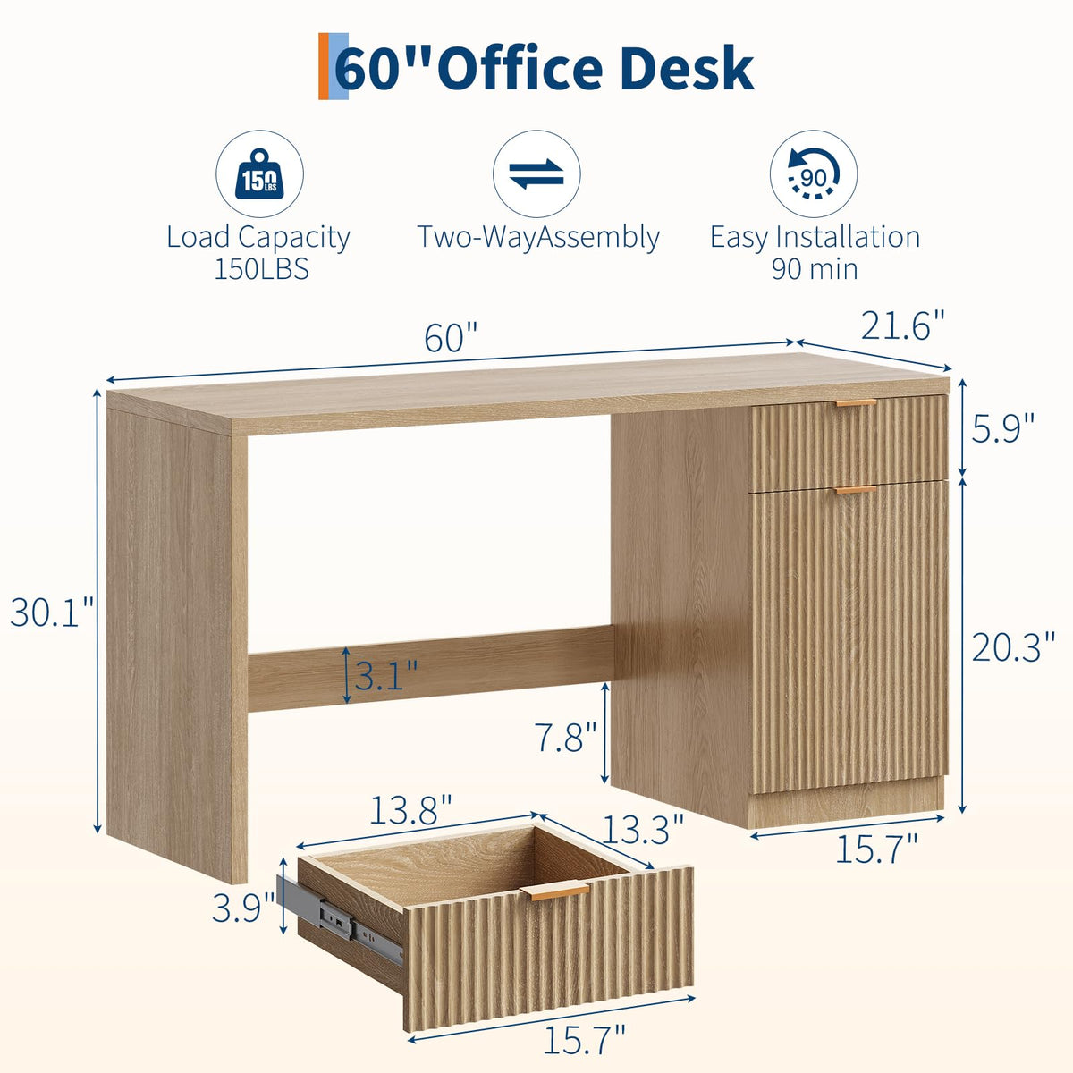 BouPower 60" Fluted Executive Desk with Drawers, Wood Computer Desk with Storage Cabinet, Home Office Desks with Storage for Study Room, Bedroom, Living Room, Natural Oak