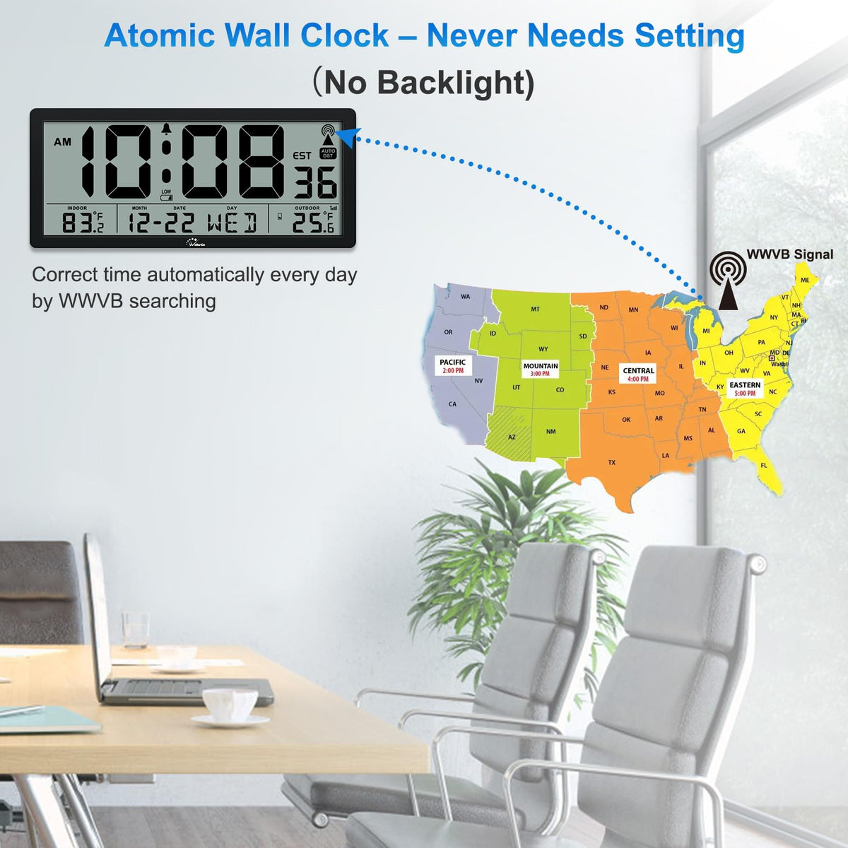 WallarGe Atomic Clock with Indoor Outdoor Temperature - Easy to Read - Self Setting, 14.5'' Jumbo Auto Set Digital Wall Clock Battery Operated