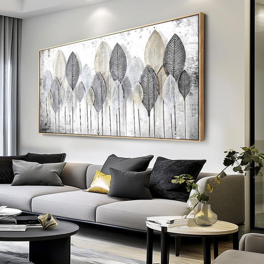 Modern Abstract Canvas Print Black White Leaves Natural Landscape Living Room Bedroom Office Decoration 20”×40" Framed