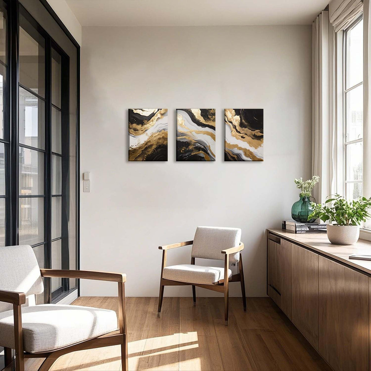ZQARTZZQ 3 Piece Framed Wall Art Abstract Wall Decor Black Gold Pictures Marble Canvas Art Modern Minimalism Paintings Artwork For Living Room Bedroom Office 12x16in