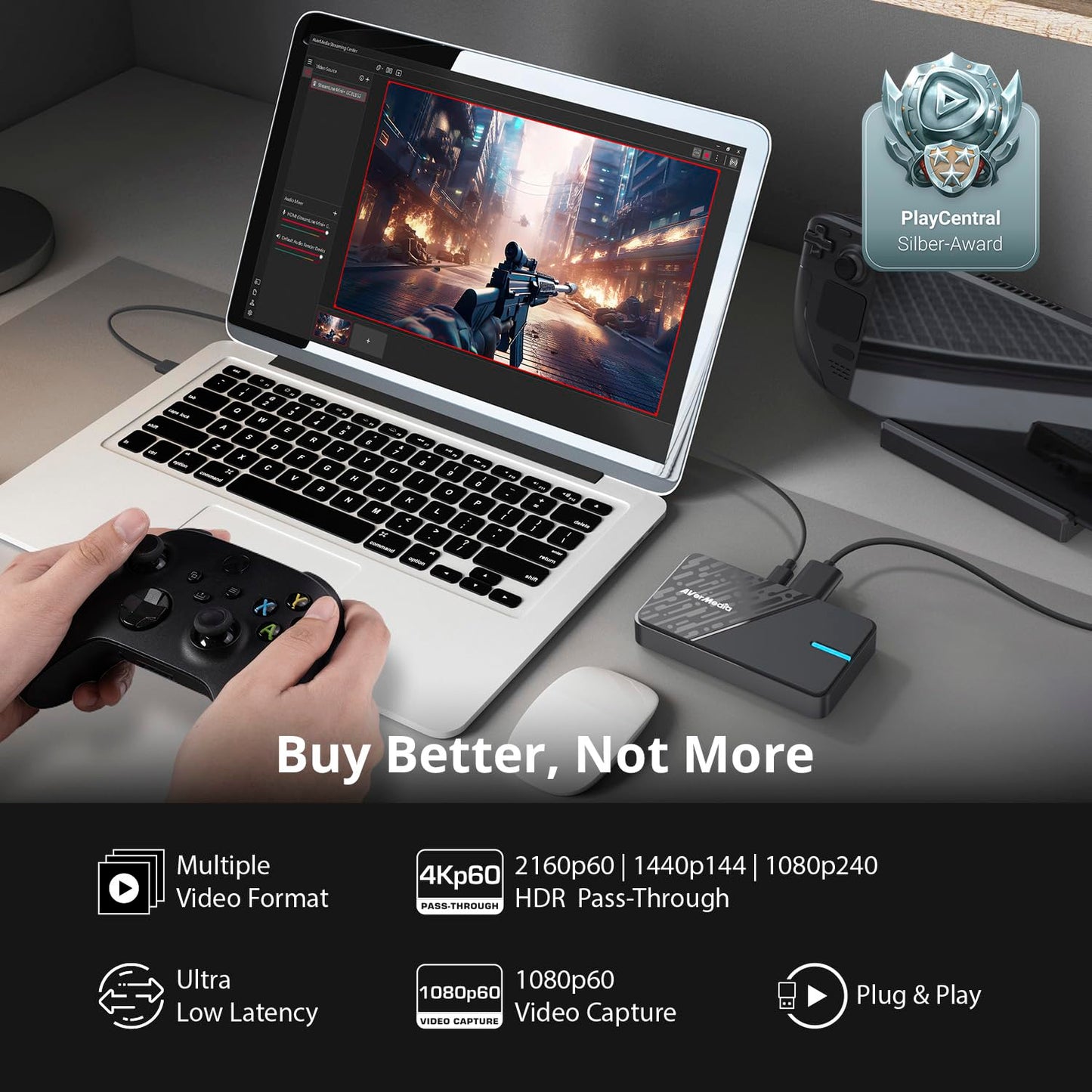 AVerMedia Capture Card for Streaming, 4K60 HDR Passthrough, 1080p60 Video Recording, Ultra-Low Latency Game Streaming for Switch 2, Xbox, PS5, PC on Twitch, OBS, Win11, Mac - StreamLine MINI+ GC311G2