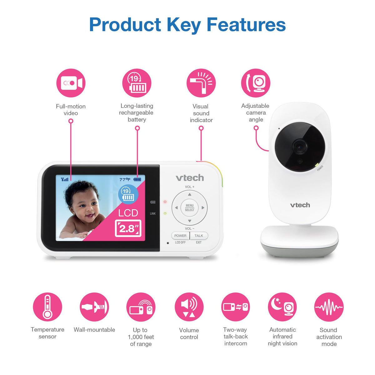 VTech VM819 Baby Monitor with Camera and Audio, 2.8” Screen Portable Baby Camera, Night Vision, 2-Way Audio, Temperature Sensor and Lullabies, Secure Transmission No WiFi, Ideal for Baby/Elderly/Pet