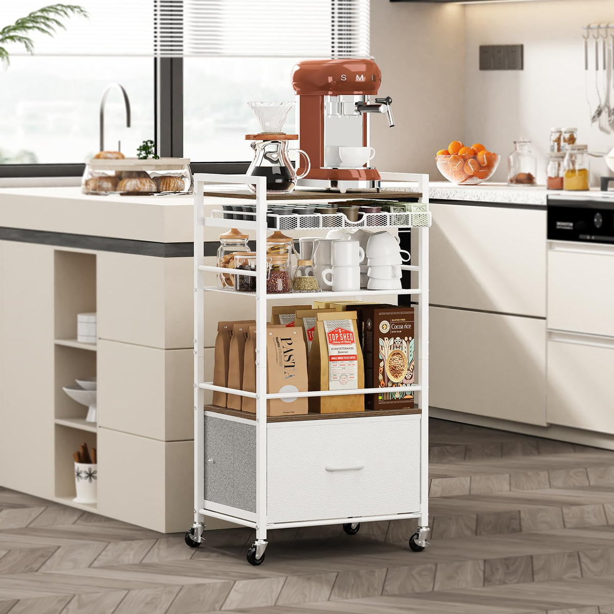 Lurgno Coffee Bar Cabinet with Storage，5 Tier Coffee Station Table on Wheels, 33.6" H Cart with Drawer for Home Kitchen, Liquor Buffet Sideboard Cabinet (Modern White)