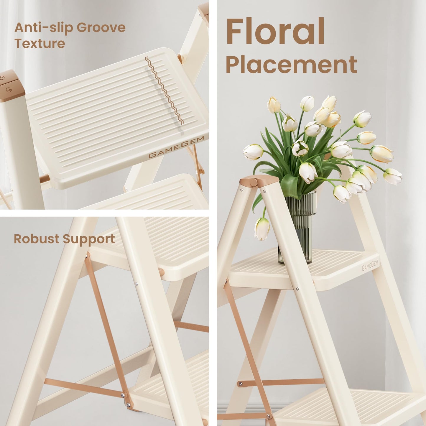 GameGem 3 Step Ladder, 3 Step Stool for Adults, Folding Step Ladder with Secure Footing, Widened Pedal, Aesthetically Pleasing Looking, Blends Right into Domestic Rooms, Cream Chocolate