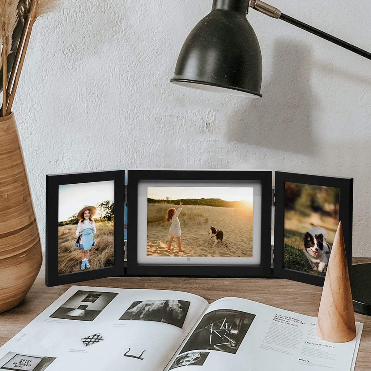 Janreefan 3 Vertical Horizontal 4X6 and 5X7 Picture Frames Hinged Folding Photo Frames in Black for Wall Hanging or Tabletop Standing, Made of Pine Wood with Real Glass P-467546-HEI