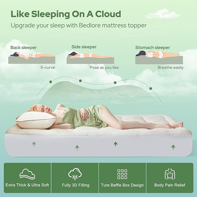 BEDLORE Twin Mattress Topper Viscose Derived from Bamboo, Thick Pillow Top