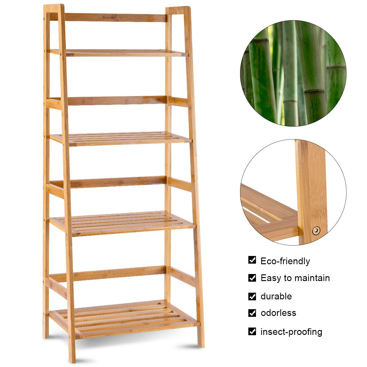 COSTWAY 47.5'' Bamboo Ladder Shelf, Multifunctional Plant Flower Display Stand, Storage Rack, Bookcase Bookshelf Natural (4 Tier)