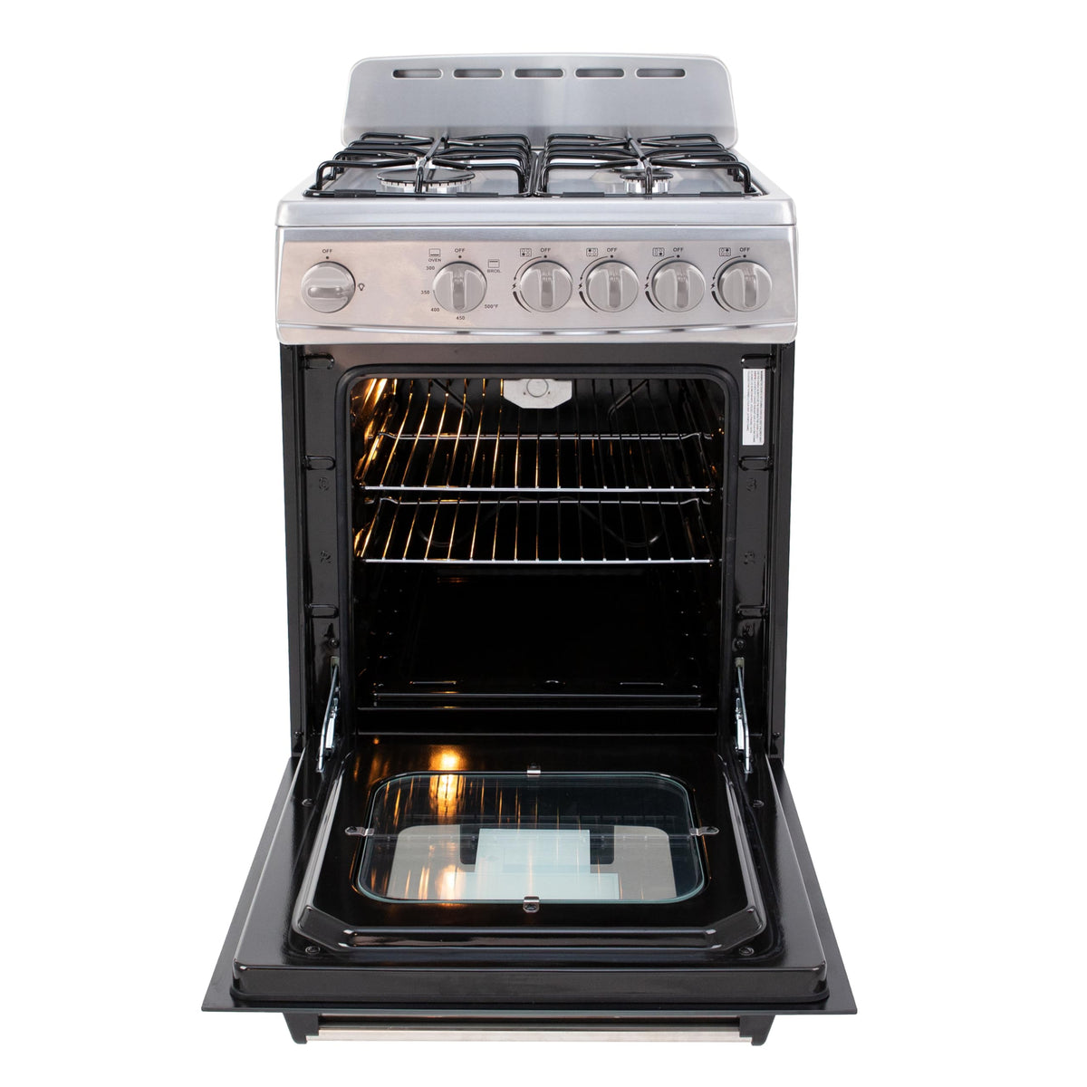 Avanti Gas Range Oven, Compact Freestanding Design, 4 Sealed Burners with Electronic Ignition, 2.1 Cu.Ft. Capacity Features Storage Drawer Broiler and Accessories, 20-Inch, Black