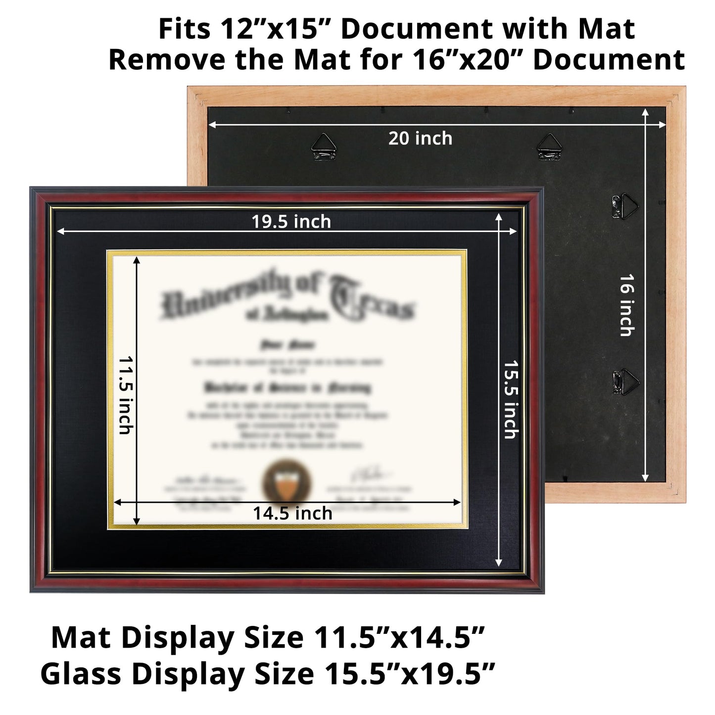 GraduationMall 12x15 Diploma Frame with Black over Gold Mat or Display 16x20 Certificate without Mat,Solid Wood & Tempered Glass,Cherry Finish with Gold Trim