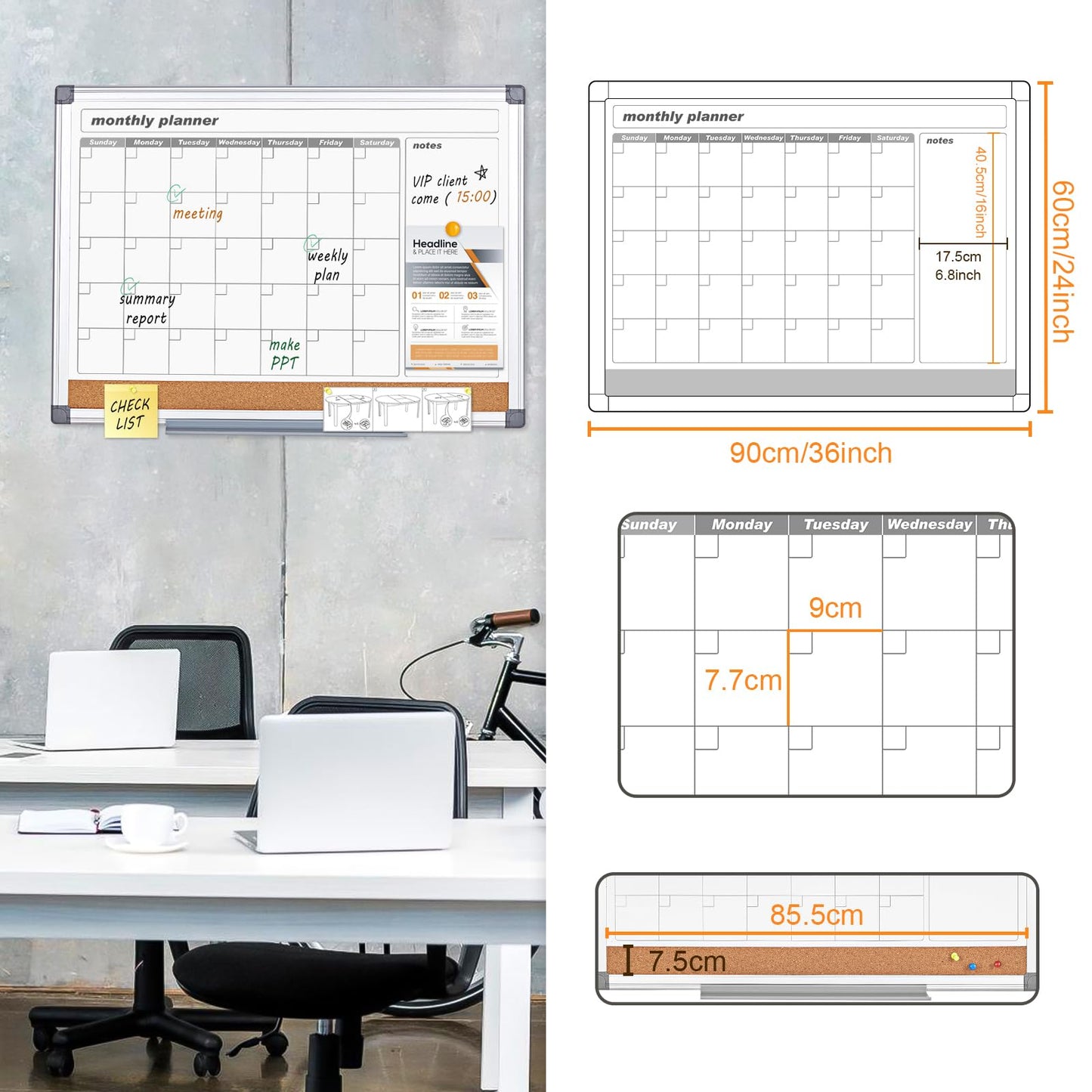 MAKELLO Dry Erase Calendar for Wall 36" x 24", Large Calendar Whiteboard with Cork Board for Office, Home, School, Family, Kitchen and Bedroom, 3' x 2'