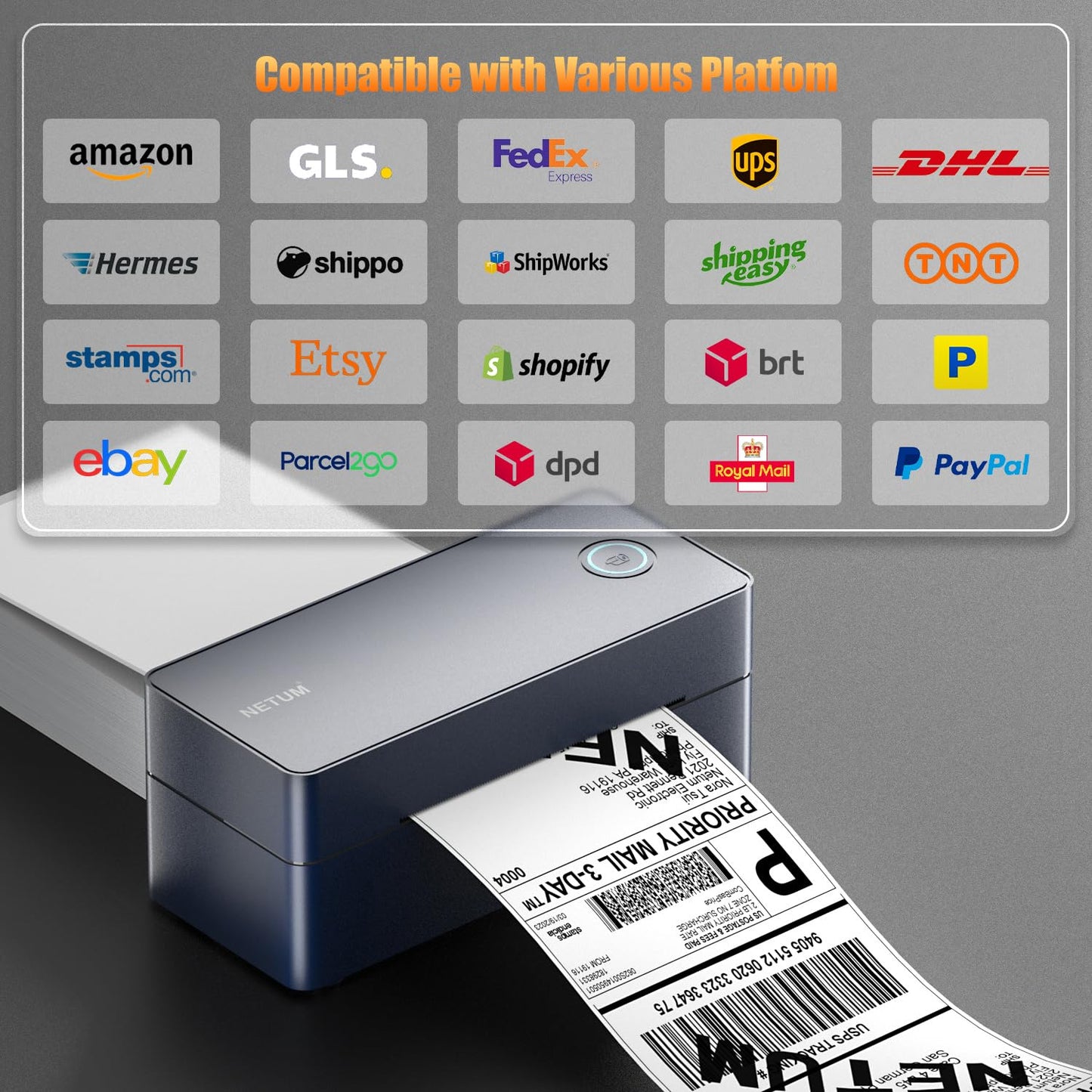 NETUM Bluetooth Thermal Shipping Label Printer, Wireless 4×6 Label Maker for Small Business, Compatible with iPhone, Andorid, Windows, Mac, Widely Use for Amazon, Etsy, USPS, Shopify, FedEx