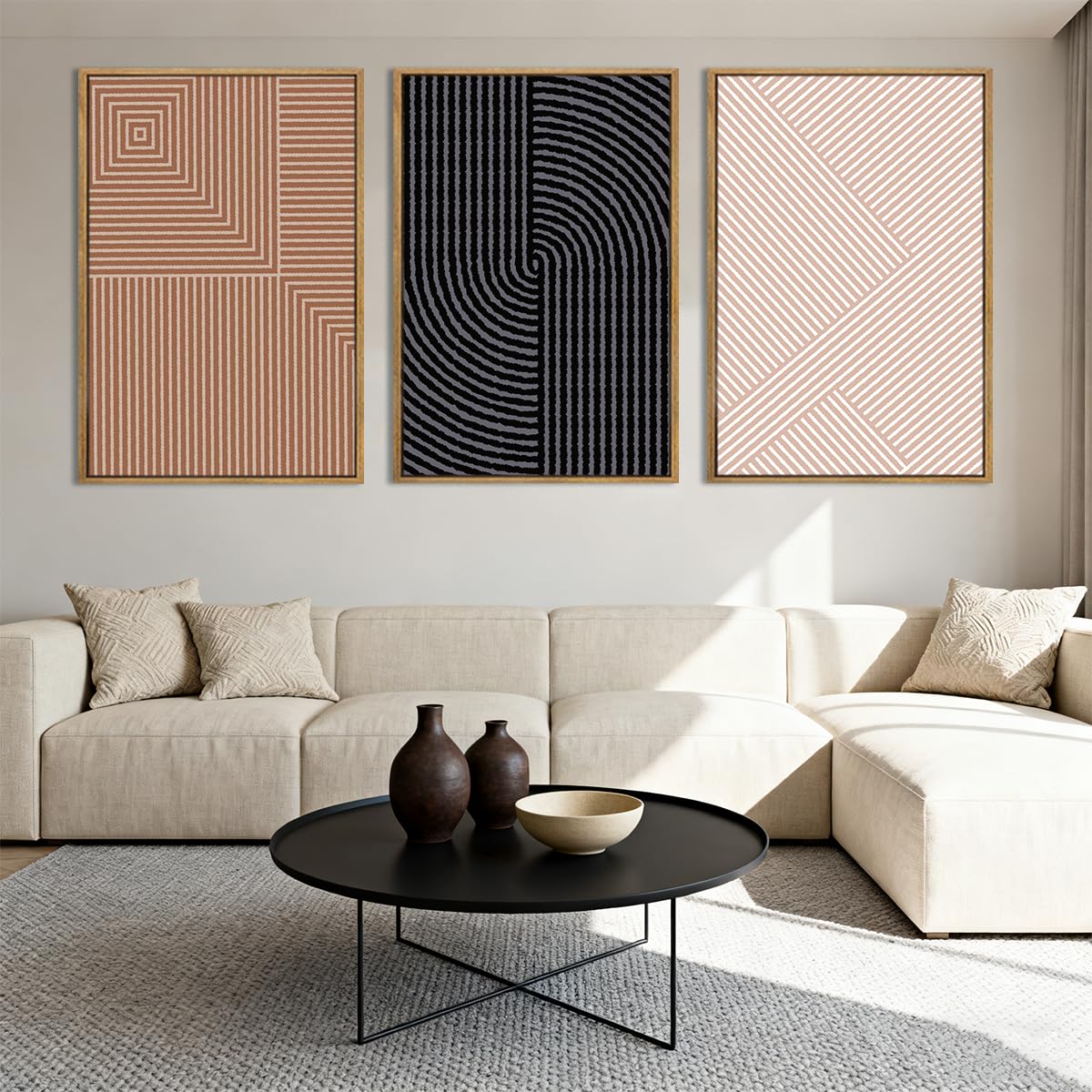 ANHUIB Neutral Abstract Modern Canvas Wall Art Set of 3 Framed Black and White Beige Wall Decor Boho Minimalist Artwork for Walls Geometric Line Painting for Living Room Bedroom Office 16x24 Inch