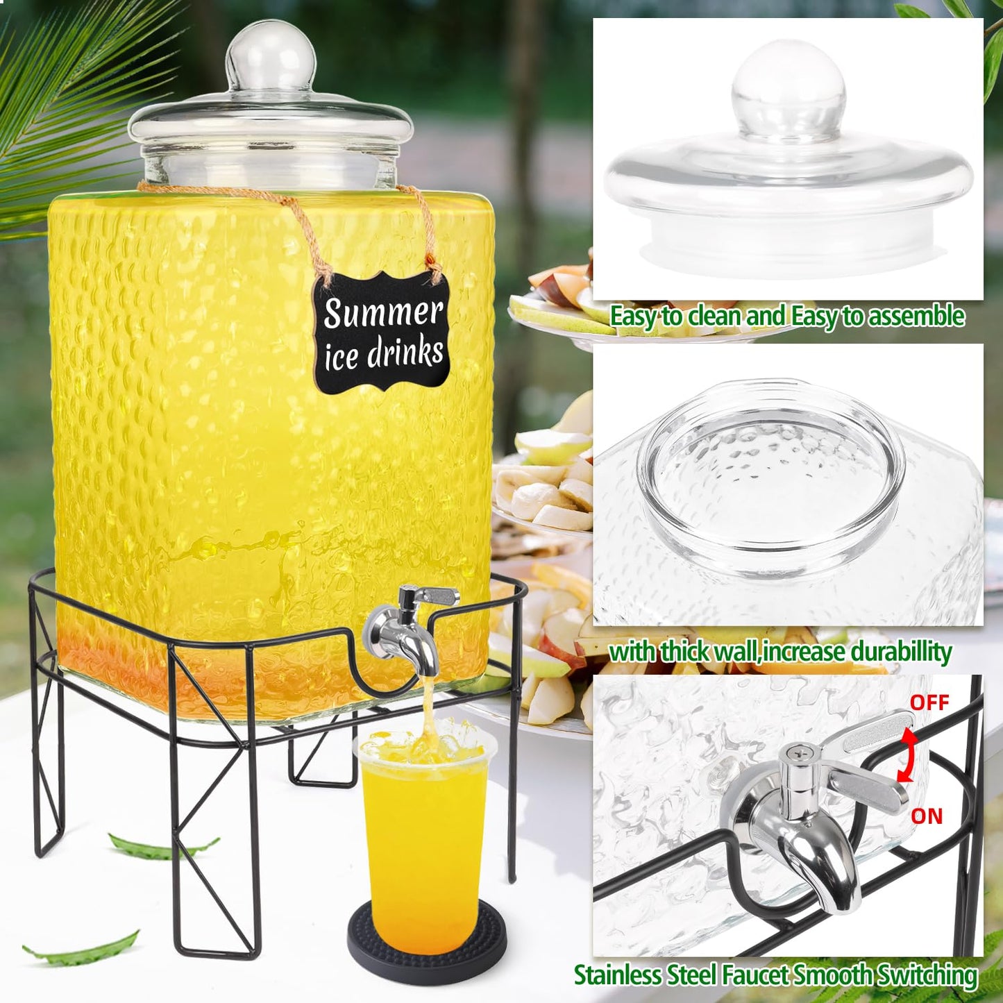 FULJOOY 4.6 Gallon Glass Beverage Dispenser with Stand Beverage Dispensers with Ice Cylinder Steel Spigot Hanging Chalkboard Signs Drip Trays Drink Juice Dispenser with Lids for Party Wedding Kitchen