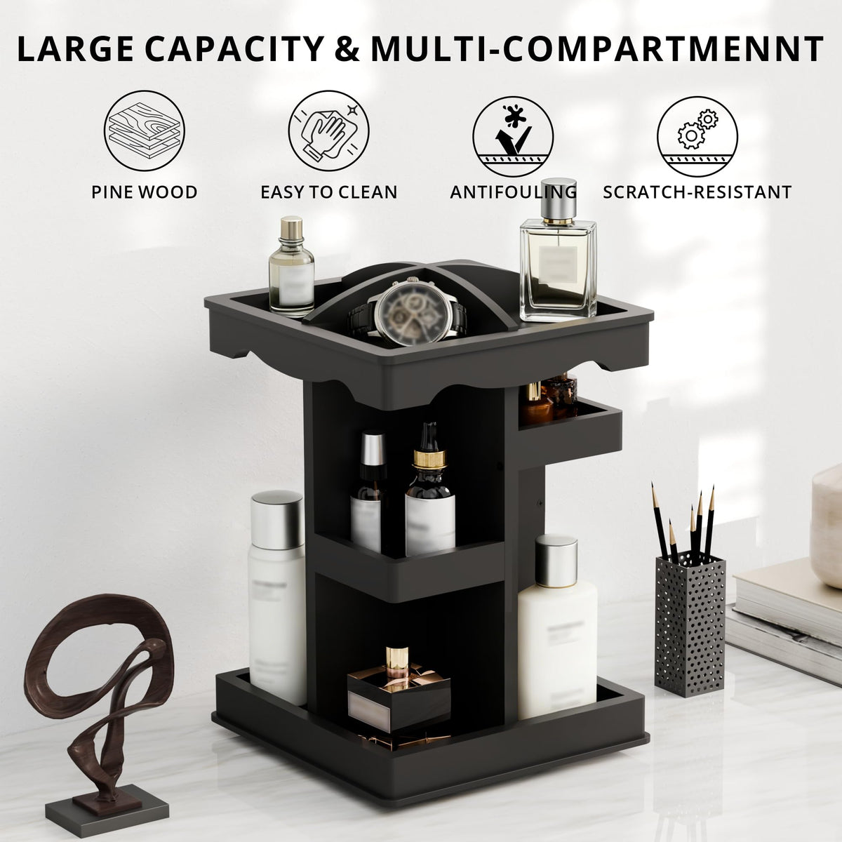 Rotating Cologne Organizer for Men, 3 Tier Wood Cologne Holder Stand with Brush Storage, 360 Spinning Perfume Display Shelf for men's Vanity, Multi-Layer Bathroom Organizers and Storage, Black