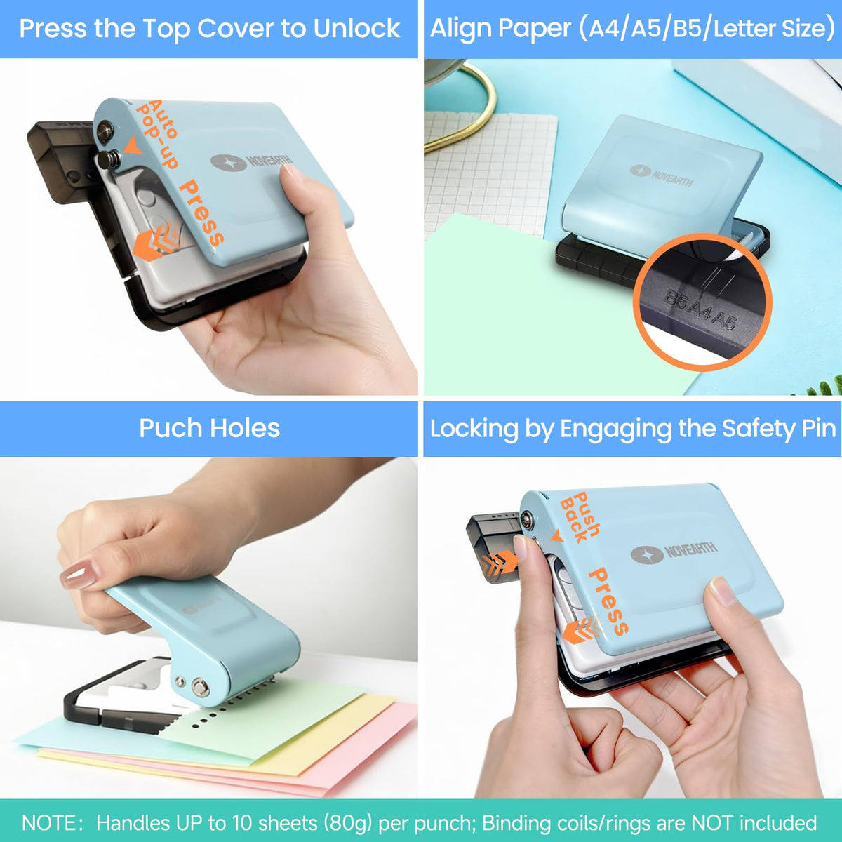 10-Hole Binding Machine for Planners, Metal Loose Leaf Punch Tool,26 Holes for B5, 30 for A4, 20 for A5 Paper, Handheld Manual Notebook Puncher for Home Office School DIY Project
