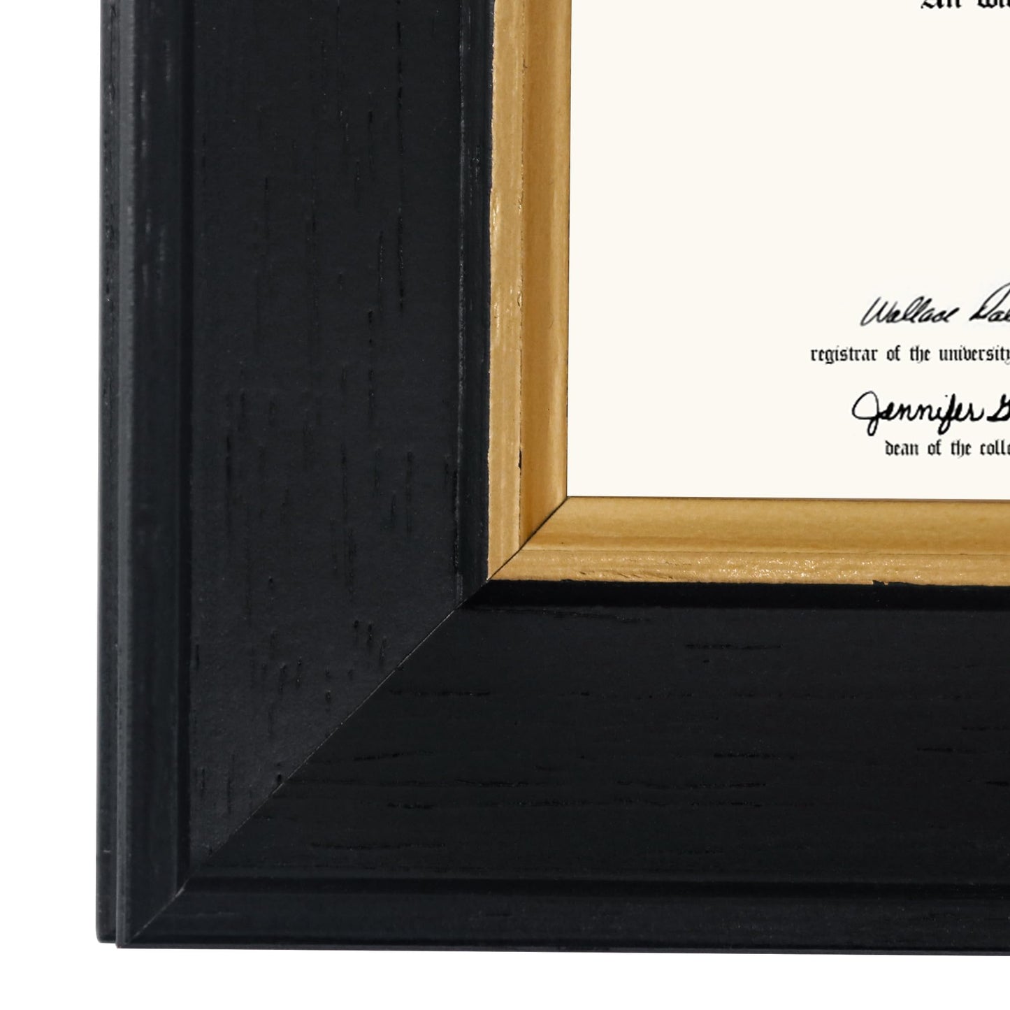 GMFrames 8.5x11 Wood Diploma Frame with Navy Mat or Display 11x14 Certificates without Mat,Tempered Glass,Rustic Black Finish with Gold Trim