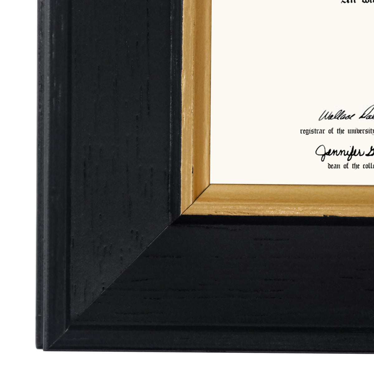GMFrames 8.5x11 Wood Diploma Frame, Tempered Glass, Rustic Black Finish with Gold Trim