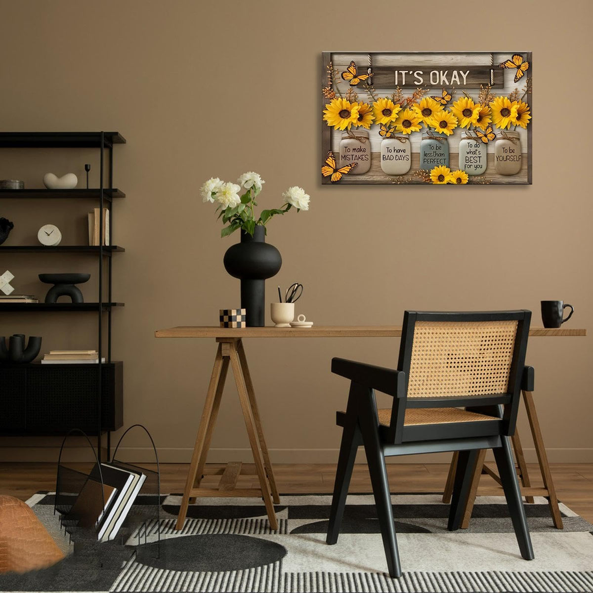 HYFBH Rustic Farmhouse Sunflower Wall Art Framed It's Okay Inspirational Quotes Post Yellow Sunflower Pictures Wall Decor Prints Artwork Canvas for Living Room Kitchen Office Ready to Hang 16x24In