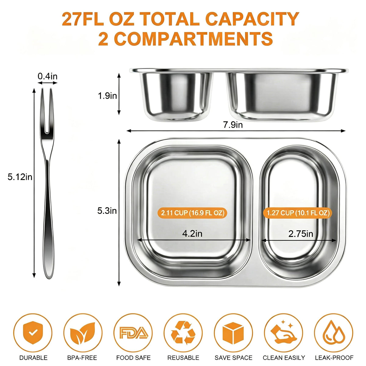 XIANKE 3Pack Stainless Steel Lunch Box, 27oz/800ml Snack Containers with Lids, Stainless Steel Food Storage Container with Lockable Clip, Leak-proof, Dishwasher-Safe Snack Box for Travel, Work