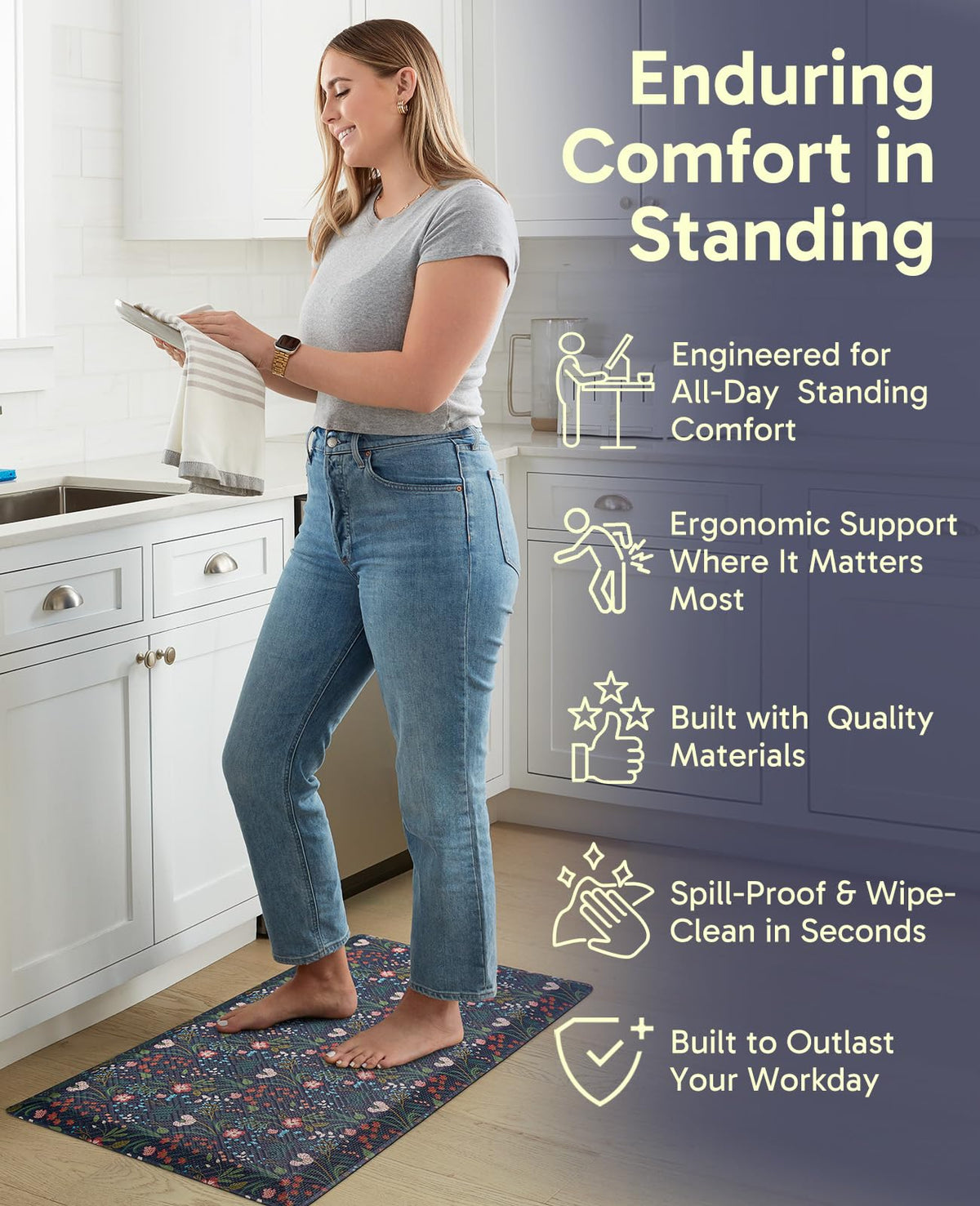 Ophanie Kitchen Mats for Floor, 3/4 inch Thick, 17x28 Anti Fatigue Cushioned Mat, Kitchen Rugs, Waterproof, Comfort Ergonomic Standing Mat for Office, Home, Sink, Blue Flower Non-Slip Ridged Bottom