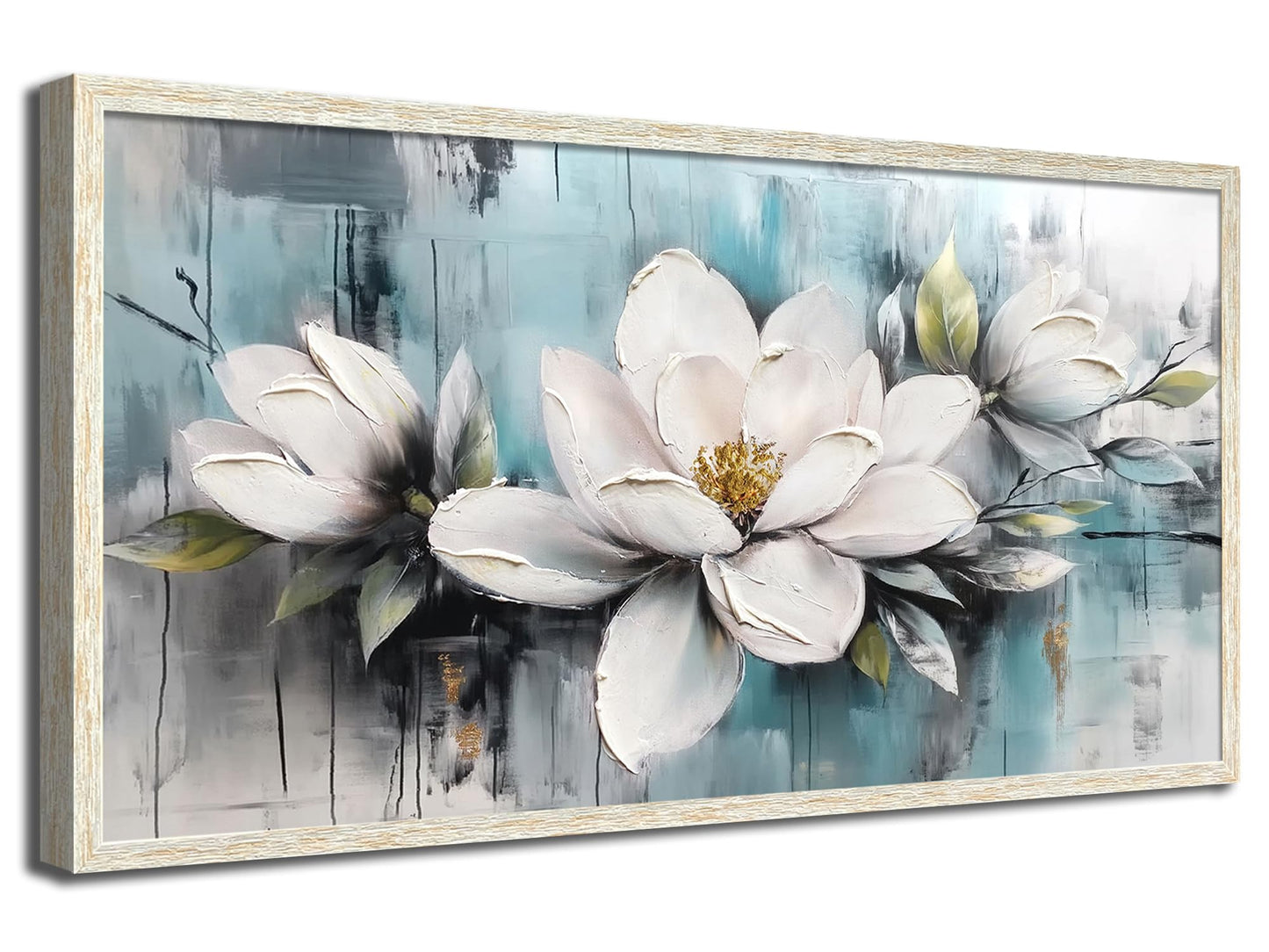 Ardemy Magnolia Wall Art Framed Canvas Wall Decor Living Room, White Floral Picture Wall Decor Teal Painting Flower Textured Extra Large Artwork for Bedroom Dining Room Home Office 58"x29"