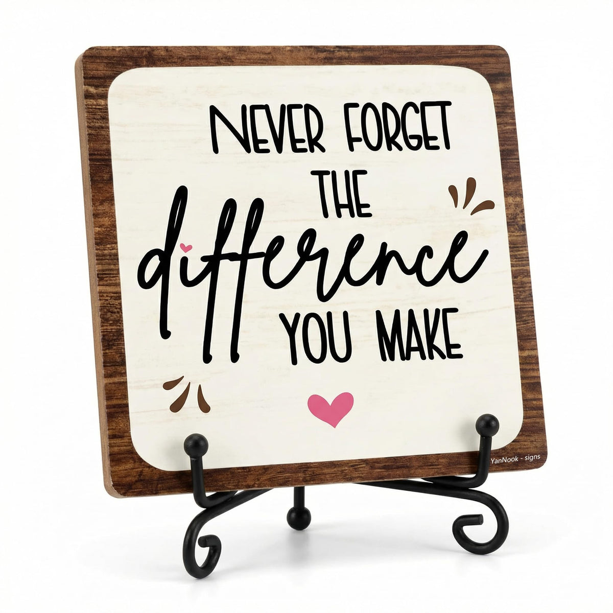 YanNook 5x5 Inch Motivational Desk Decor – “Never Forget the Difference You Make” Wooden Plaque with Metal Stand, Inspirational Office Decor for for Women & Men, Teacher Desk & Home Office, 2604