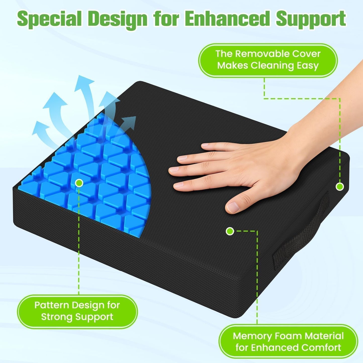 TranquilZone Seat Cushion for Office Chairs, Memory Foam Chair Cushion with Patterned Core for Even Support, Back, Tailbone & Sciatica Relief, Chair Pillow with Carry Handle for Car, Wheelchair(Black)