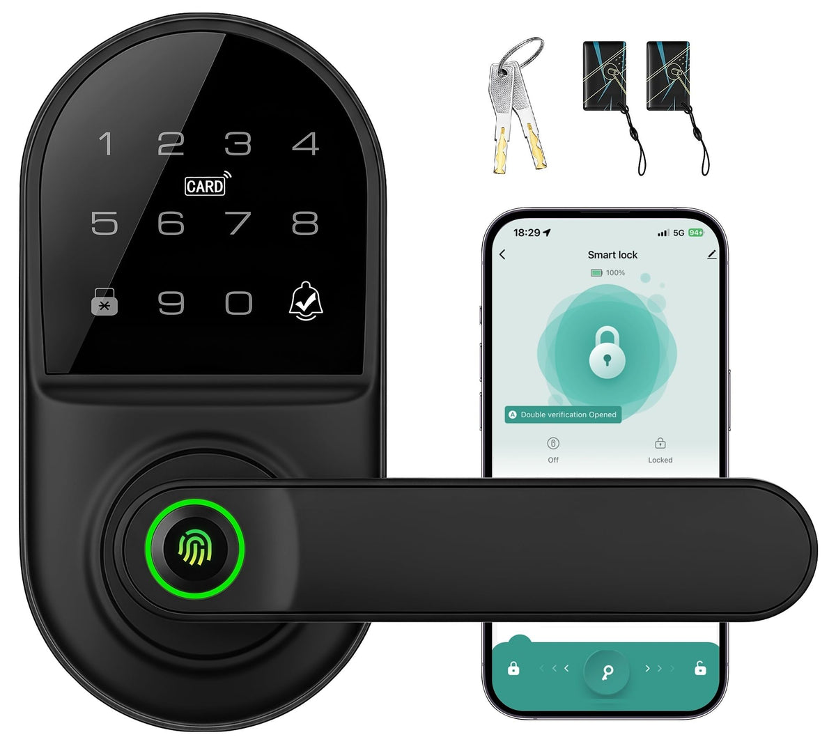 Leydebong Smart Door Handle Lock with Keypad, Fingerprint Smart Knob - Electronic Lock with Code, IC Card, App Control for Front, Interior, Exterior & Bedroom Door - DIY Installation