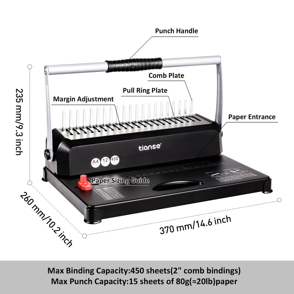 TIANSE Binding Machines, 21-Holes, 450 Sheets, Comb Bind Machine Book Maker with 100 PCS 3/8'' Comb Binder Spines Starter Kit, Comb Binding Machine for Letter Size, A4, A5 or Smaller Sizes