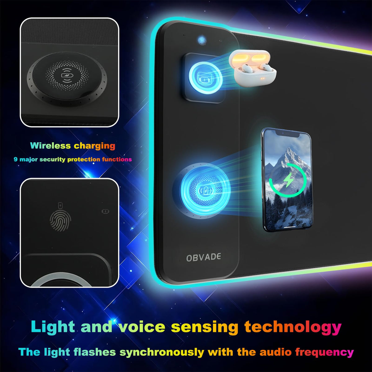 obvade Gaming RGB Mouse Pad Wireless Charging XXL Desk Mat for Keyboard 15w Fast Charger 11 Led Light Modes Non-Slip Large Office Desk Pads on Top of Desks