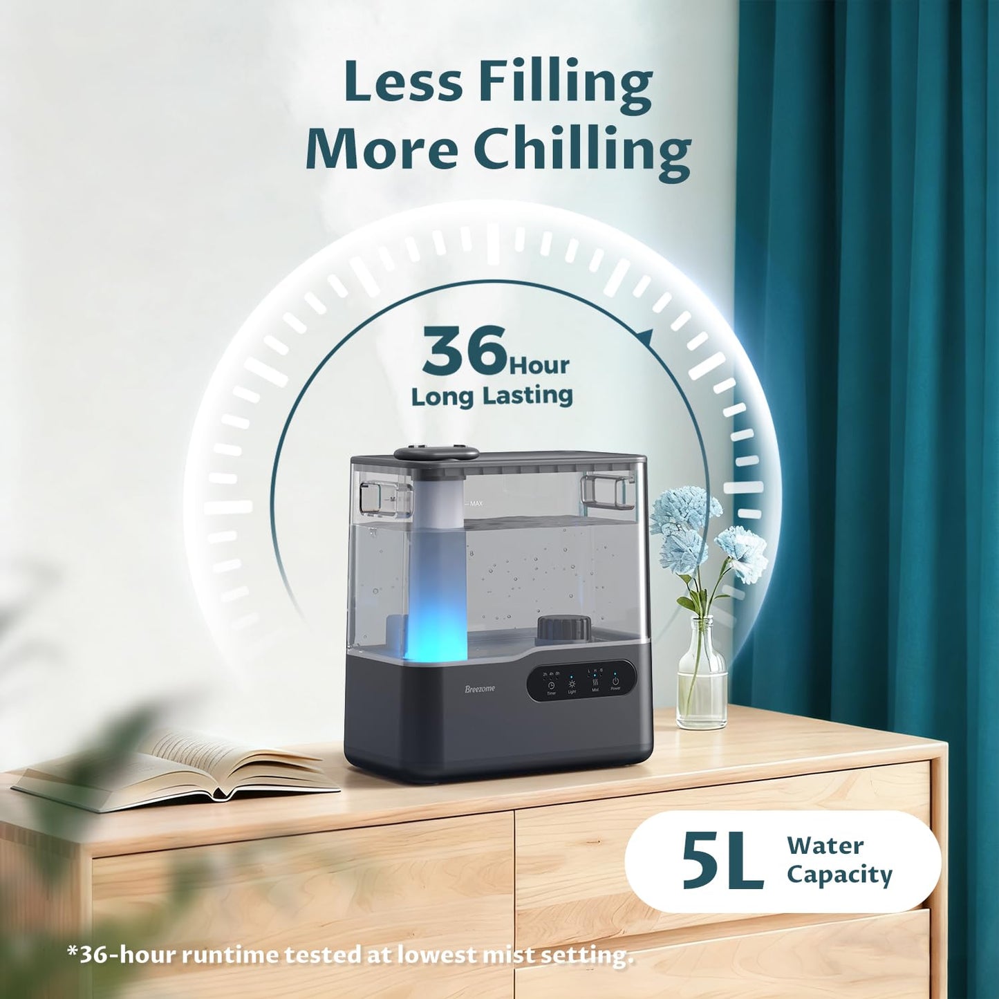 BREEZOME 5L Humidifiers for Bedroom Large Room, 36H Top Fill Cool Mist Humidifier with Essential Oil Tray, 7-Color Mood Light, Timer, Quiet Ultrasonic Humidifier for Home, Baby Nursery, Plants