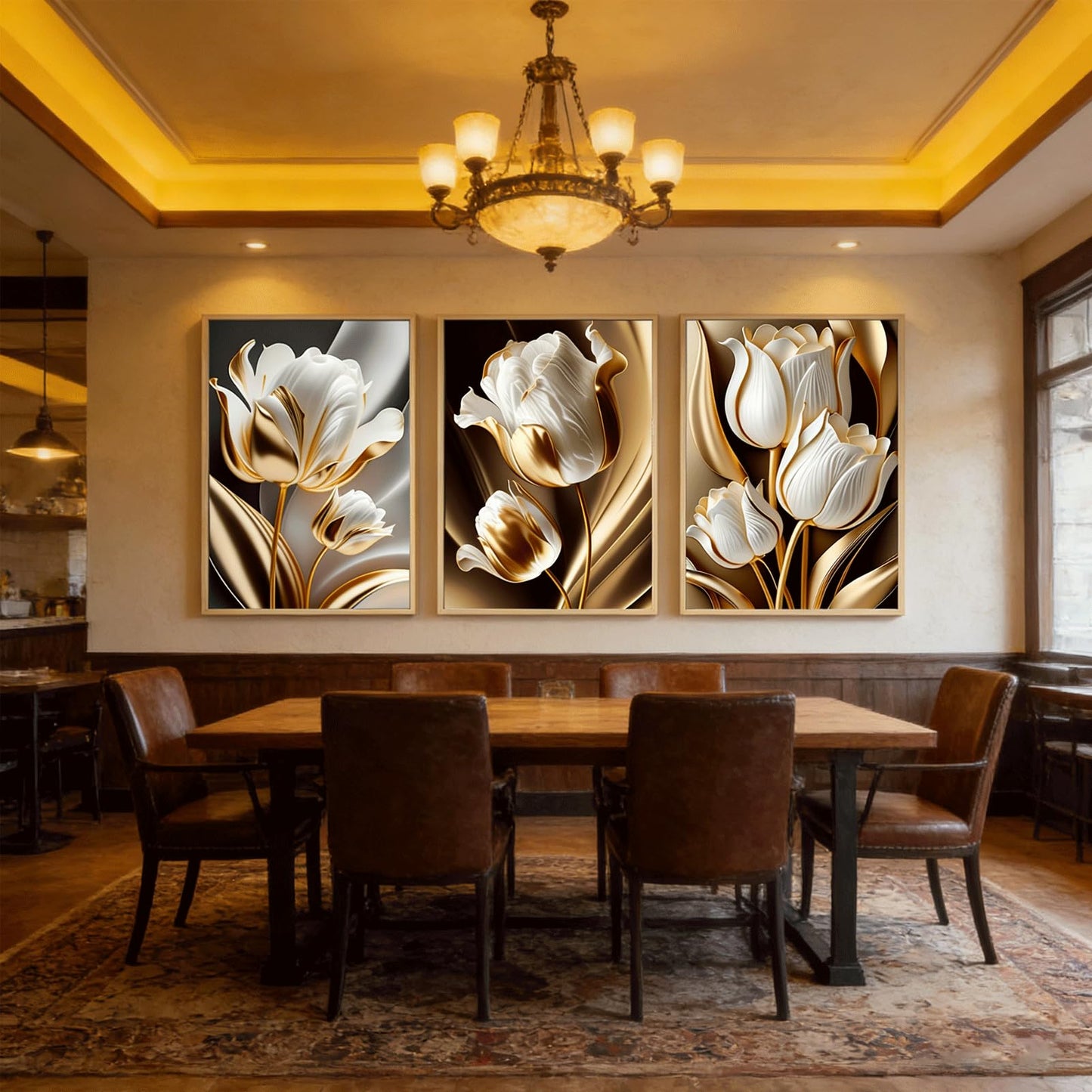 3Pcs Abstract White Gold Floral Wall Art Modern Luxury Minimalism Painting Pictures Wall Decor tulip Plants Posters Prints Artwork for Living Room Bedroom Office Home Decoration 12 x 16in unframed
