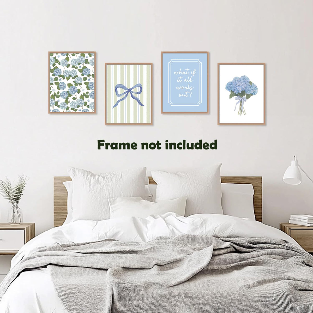 Pleonox Inspirational Coquette Blue Bow Hydrangea Floral Wall Art Prints 12x16 Inch Set of 4, Motivational Sage Green Striped Pictures Wall Decor for Girly Bedroom Room Dorm Apartment, Unframed