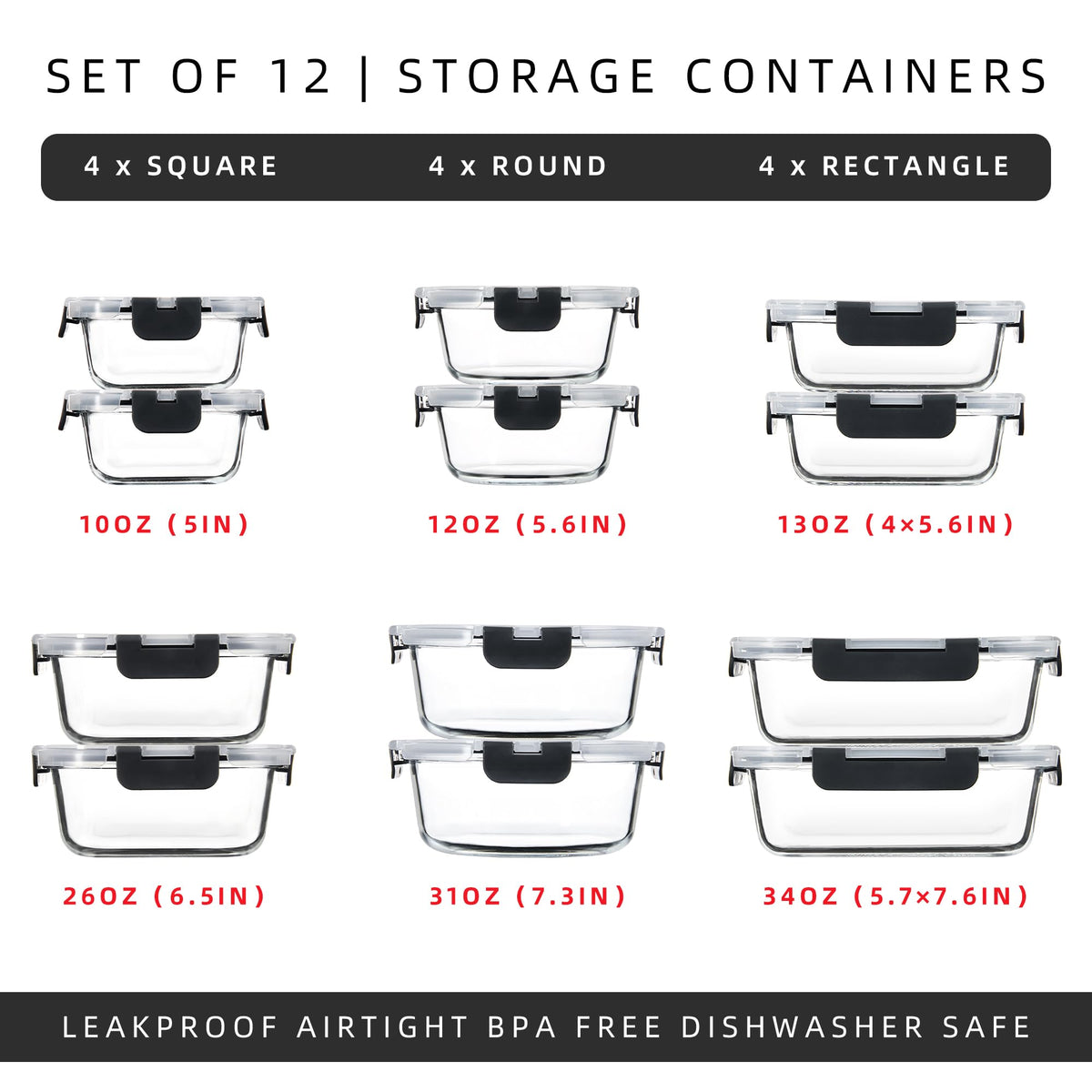 FAWLES 12 Pack Glass Meal Prep Containers with Airtight Lids, Leak-Proof Food Storage Containers, Dishwasher/Microwave/Oven/Freezer Safe Glass Containers for Lunch, Leftovers, to Go (Grey)