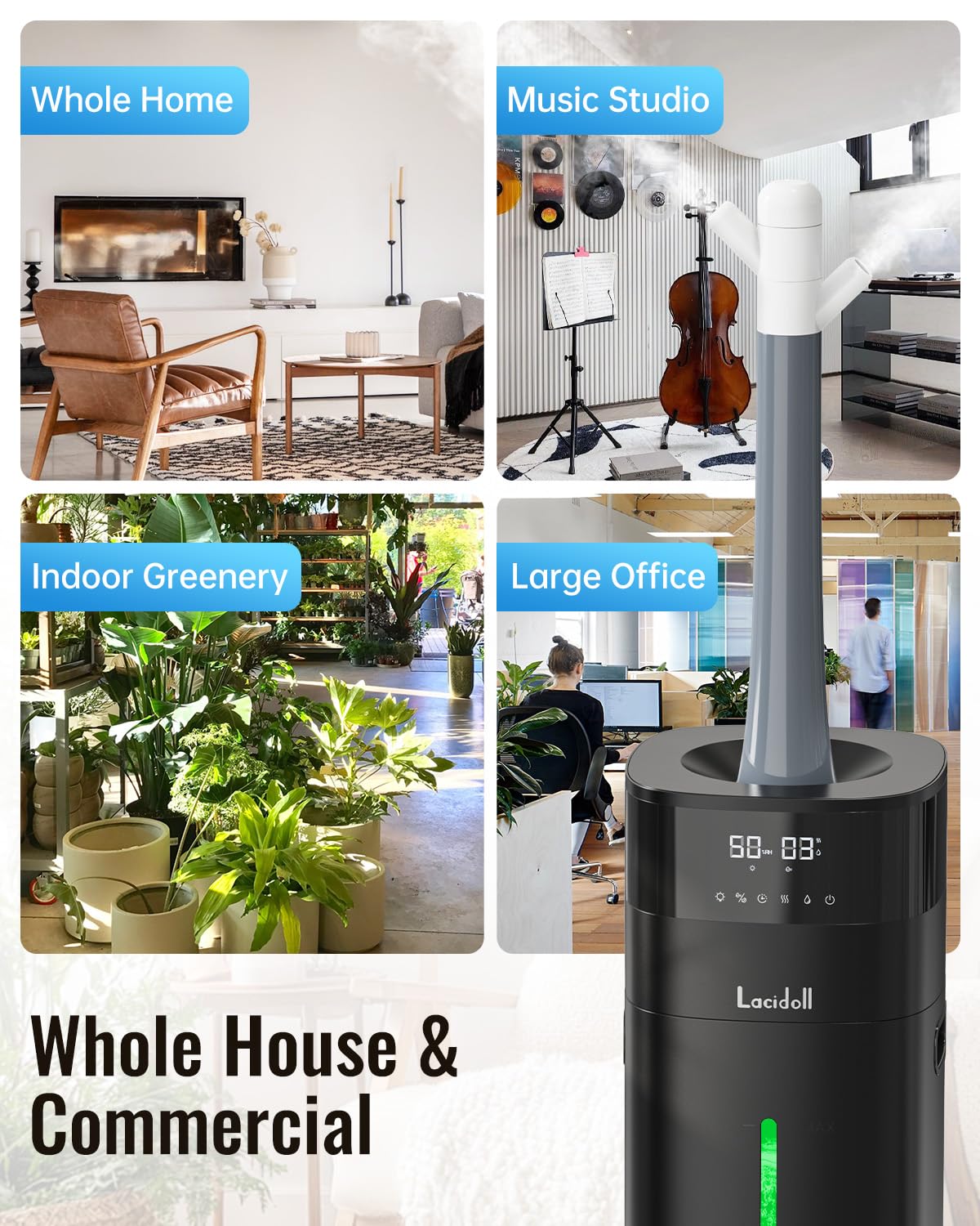 Lacidoll Humidifier Large Room, 5.3Gal/20L Humidifiers for Home 2500 sq ft, Cool Mist Whole House Humidifiers with Diffuser Extended Tube, Top Fill Air Humidifier for Bedroom Nursery Baby Plants Black
