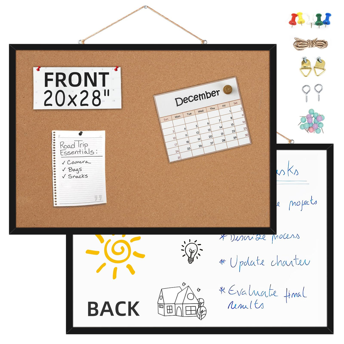 20” x 28” Cork Boards for Walls with Black Wooden Frame 1pack, Whiteboard and Cork Board Combo Double Sided Office Board for Wall Organizer, Bulletins Board Hanging Pin Board for School Home Office