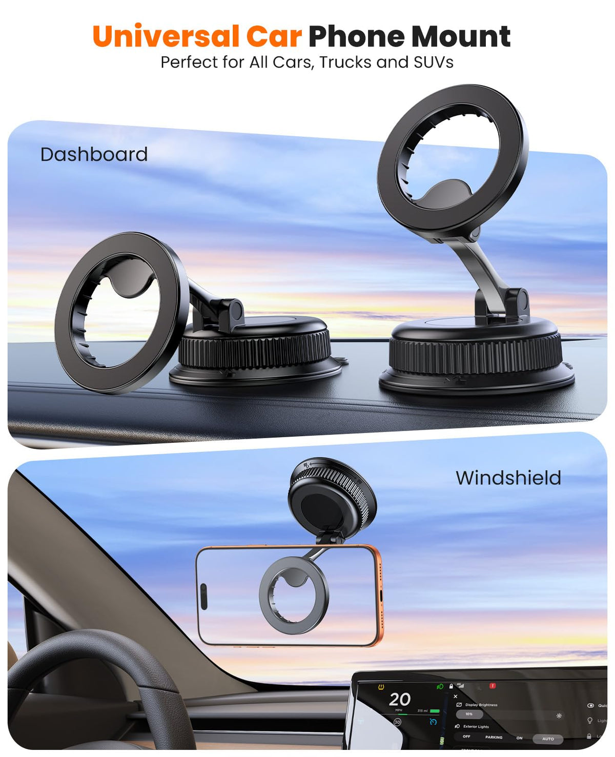 BOSILLEY Magnetic Car Phone Holder for MagSafe, Strong Suction Cup Car Phone Mount for Dashboard & Windshield, 360° Rotatable & Foldable, Adjustable Cell Phone Holder for Car, Fits iPhone 12–17 Series