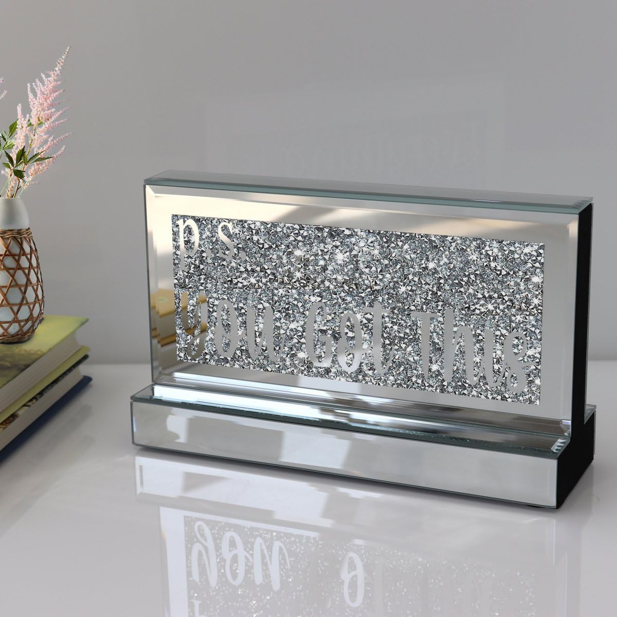 Silver Mirror Crystal Diamond Home Office Desk Art Decor, Daily Inspirational Office Supplies Sign and Reminder-Everything is Figureoutable & P.S. You Got This-9.1×5.1×3Inches