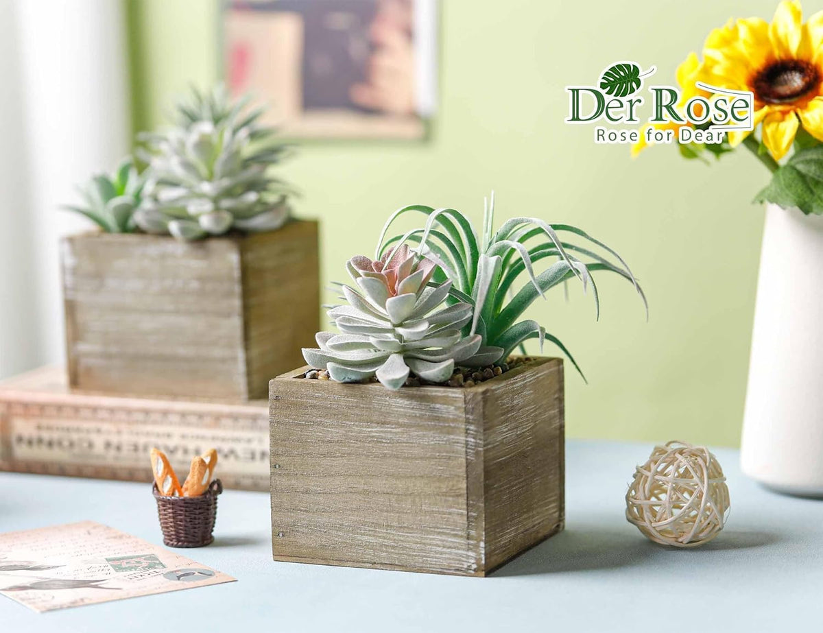 Der Rose 2 Pack Fake Plants Succulents Plants Artificial Cactus Plants in Wood Pots with Pink Flowers for Farmhouse Bathroom Decor