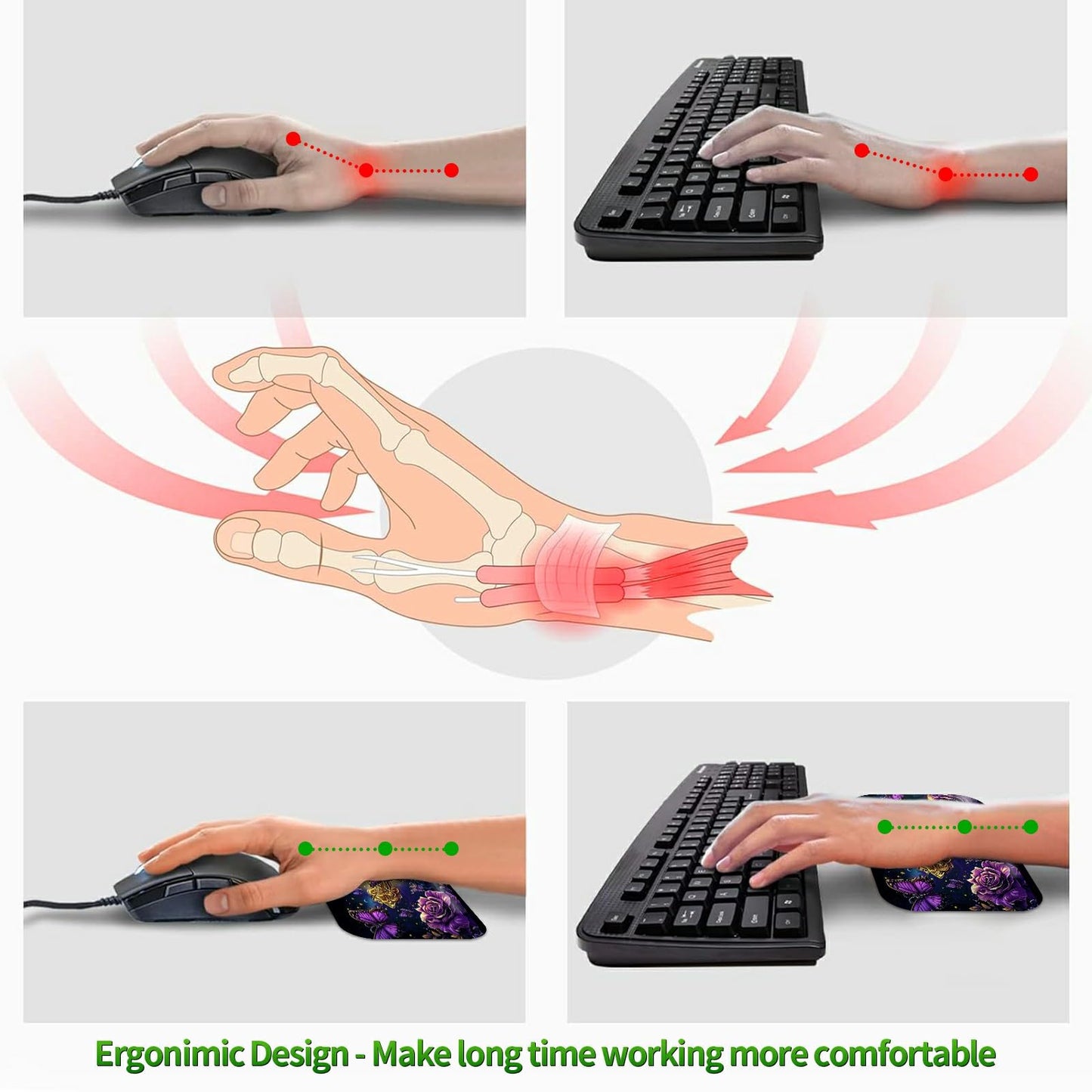 RWUTYTIUL 3-Piece Ergonomic Desk Mat & Cloud Wrist Rest Set, Large 31.5" x 11.8" Wave Office Desk Pad with Memory Foam Support Non-Slip Computer Protector for Home, Gaming, Purple Butterfly Cross