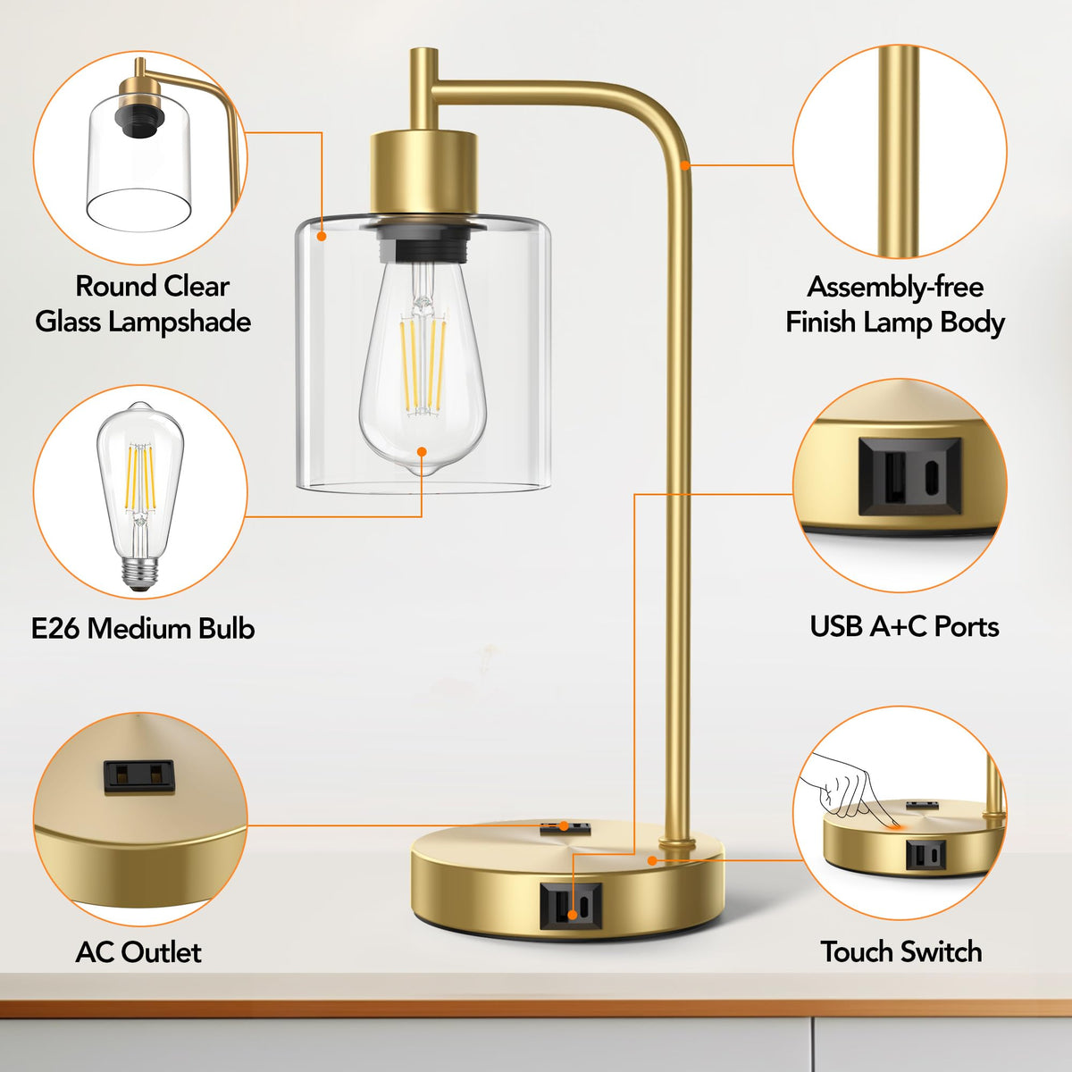 QiMH Set of 2 Industrial Touch Control Table Lamps with 2 USB Ports and 2 AC Outlets, 3-Way Dimmable Bedside Nightstand Reading Lamps with 2700K LED Bulbs, Glass Desk Lamp for Living Room,Bedroom