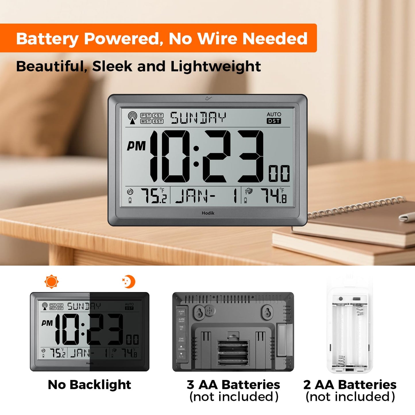 HODIK Wall Clock Atomic with Indoor Outdoor Temperature Battery Powered, Easy Reading with 10.5 Inch LCD Display, 330FT Range Table Wall Clock with DST, 12/24 Hour for Living Room Kitchen (Silver)