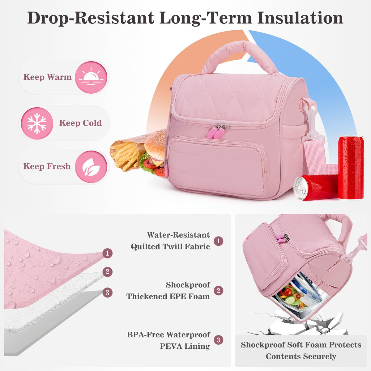 HASHMUST Lunch Bag for Women Adults, Portable Insulated Puffer Lunch Tote Bag, Reusable Leakproof Lunch Box Cooler with Handles For Work Picnic Travel Trip - Pink