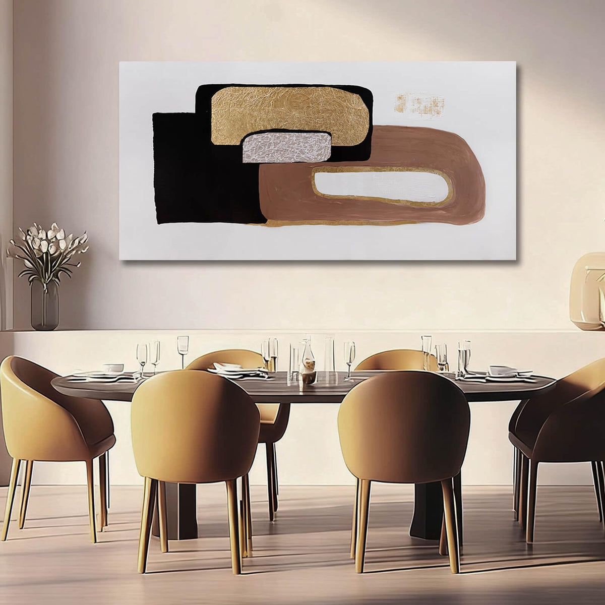 Framed Neutral Abstract Wall Art for Living Room Black and Gold Pictures Wall Decor Geometric Block Art 29"x 58" Big Painting for Bedroom Office
