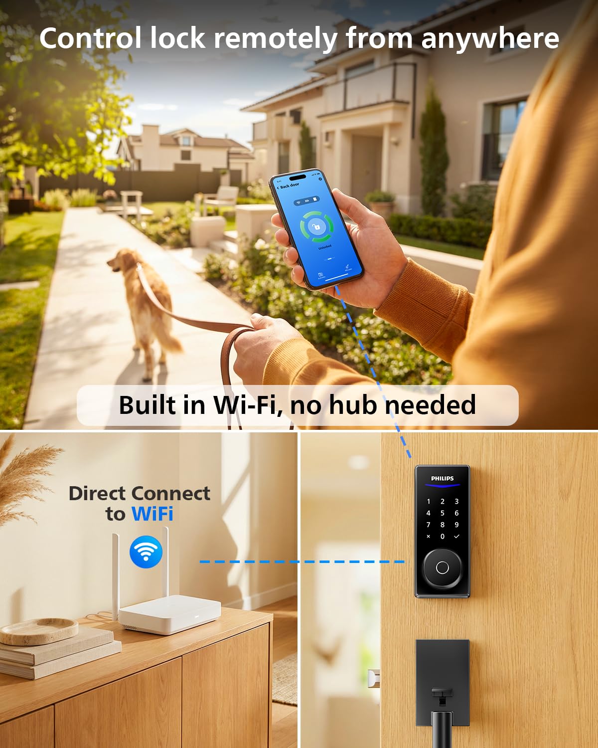 Philips Wi-Fi Smart Lock with Handle, WiFi Keyless Entry Keypad Door Lock with Handle, Front Door Deadbolt Set, Fingerprint Unlock, PIN Code Unlock, Auto Locking, App Remote Control, Bulit in WiFi