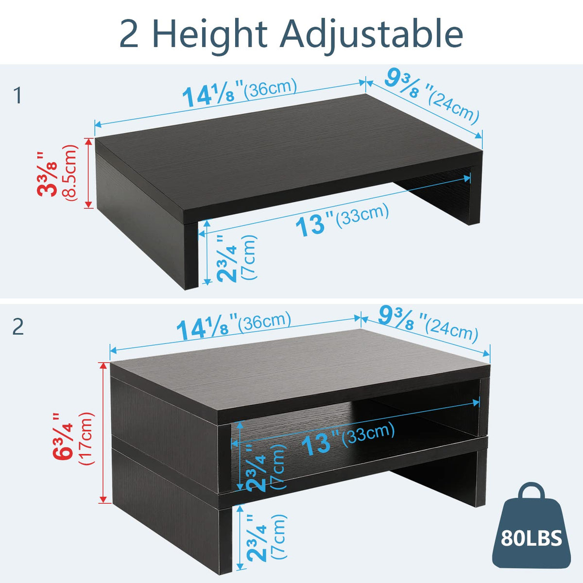TEAMIX Wood Monitor Stand Riser-2 Pack, 2 Tier Adjustable Monitor Stand Dual Monitor Riser for 2 Monitors/Laptop/PC Black Computer Stand for Desk