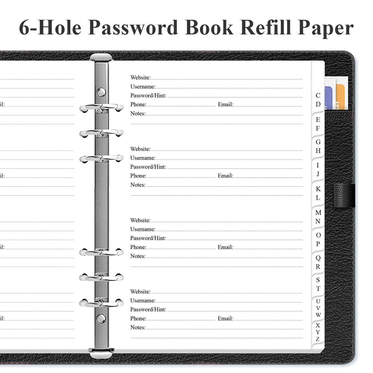 Password Book Refills for A5 Binder - A-Z Password Notebook Refill Paper with Alphabetical Tabs, 120gsm White Paper, 6-Hole Punehed, 5.8" x 8.3"