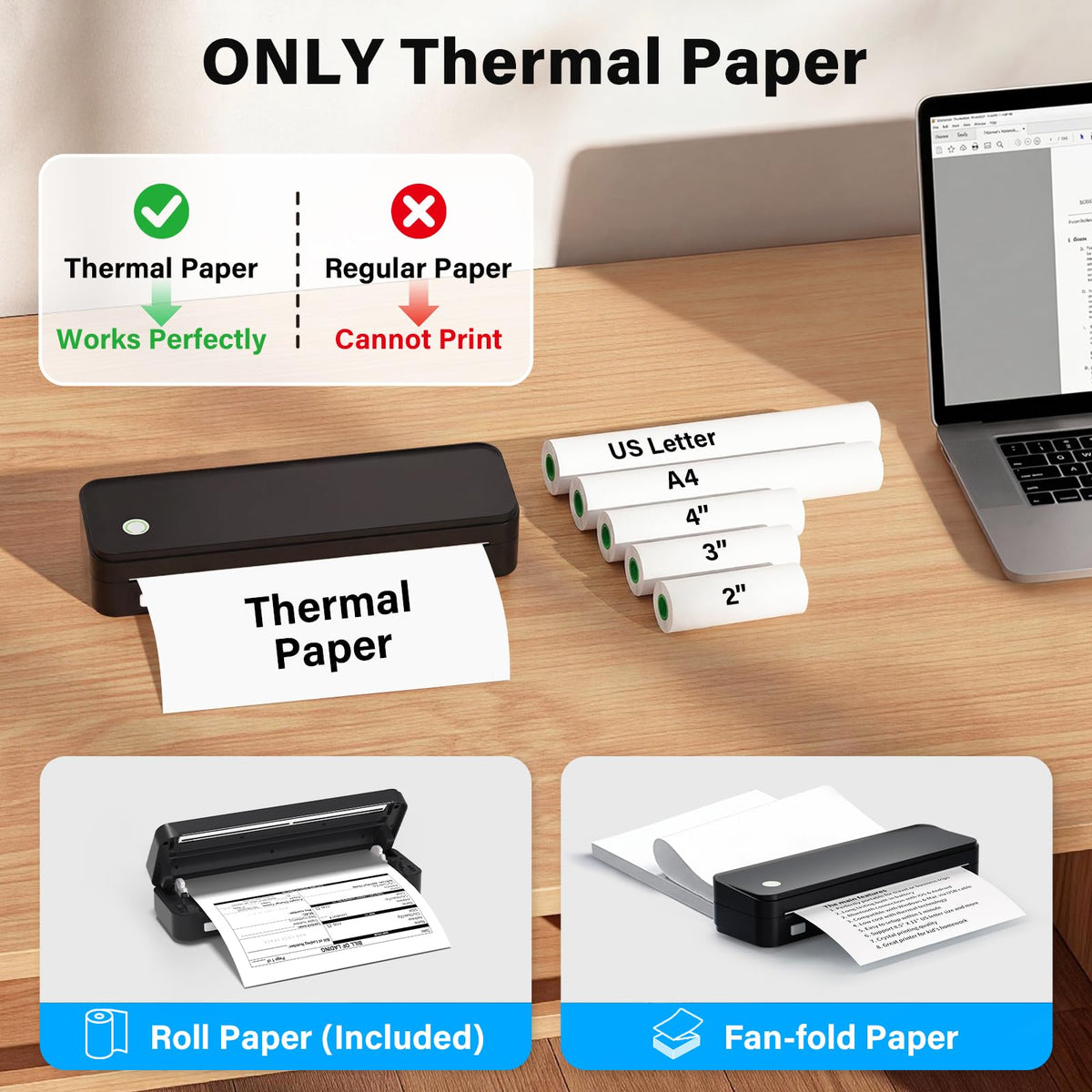 Gloryang Inkless Portable Printer for Travel, Wireless Thermal Printer Supports 8.5 x 11 Inch Thermal Paper, Bluetooth Machine Includes Carry Case and 3 Rolls of Paper Kit, Black