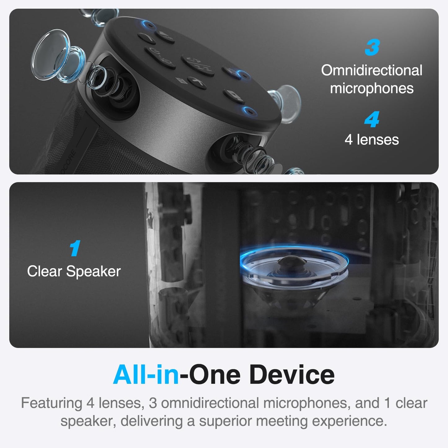 PANOCORE360 All-in-One Meeting Camera - 360° Conference Cam for PC Mac, Speaker & Mic Array, Auto Speaker Focus, 1080P Output, AI Voice Isolation, Local Recording,Compatible with Webex/Zoom/Teams/Meet