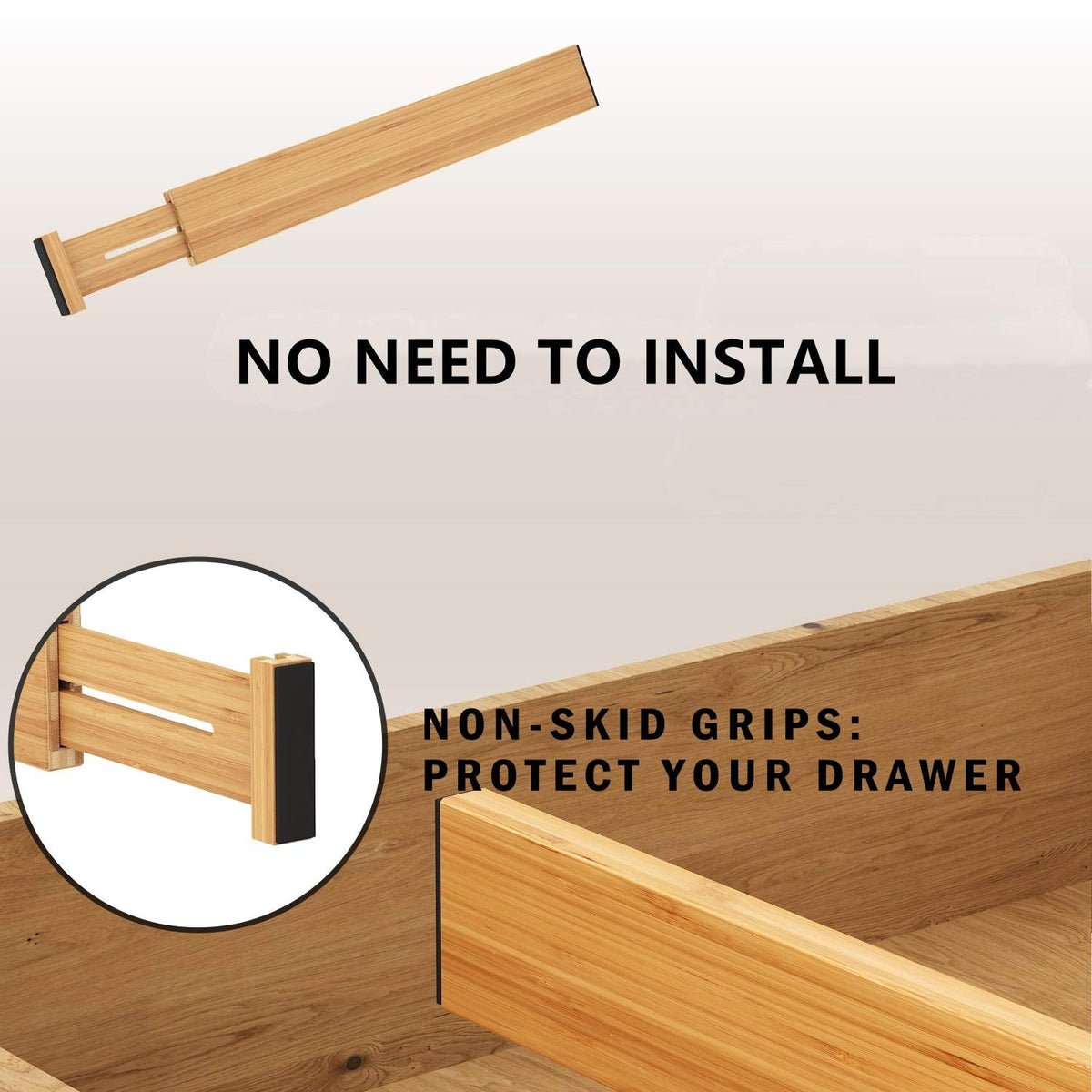 BAMEOS Drawer Dividers kitchen Organization Bamboo Utensil Organizers for Kitchen Bedroom Bathroom Dresser Office 4-pack